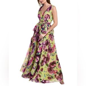 NEW BADGLEY MISCHKA Yellow Multi Floral Ruffle V-neck Gown, Size 0